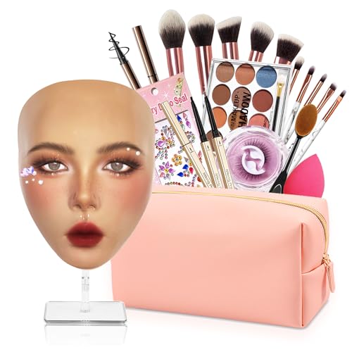 Banugo Makeup Practice Face Board Silicone Makeup Mannequin Head for Facial Practice Doll Head Makeup Kit for Girls 5D Face Makeup Set Doll Repainting Practice Makeup