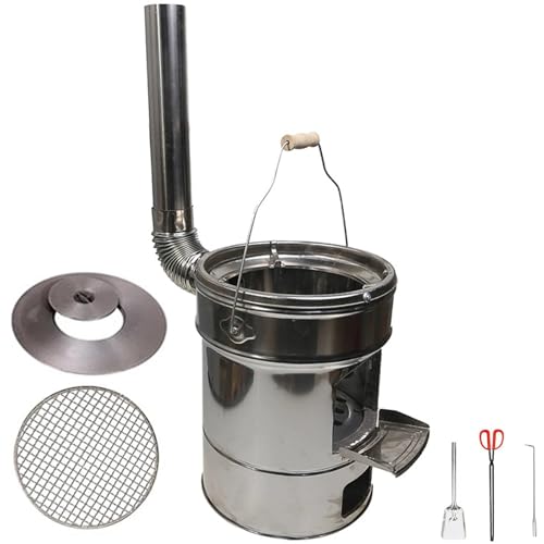 Estufa de Leña de Acero Inoxidable, Multifuncional Portátil Estufa Pellets Pequeña con Chimenea para Cocinar al Aire Libre, Hacer Barbacoas, Asar a la Parrilla, Destilar y Calentar