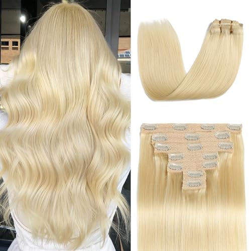 Mocona Clip in Hair Extensions Real Human Hair, Bleach Blonde