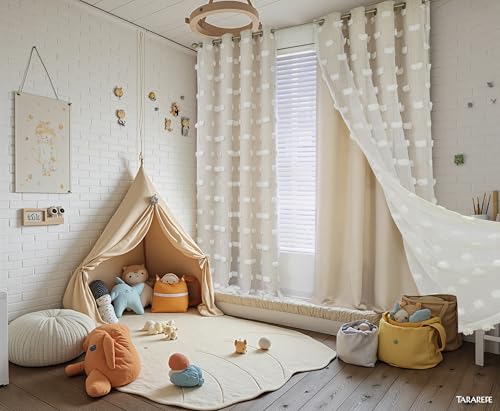 Image of MYSKY HOME Beige Curtains for Living Room 95 Inches Long Nursery Curtains for Bedroom Double Layer Curtains White Pom Pom Sheer Curtains for Dining Room Grommet Room Darkening Window Panels W52 X L95