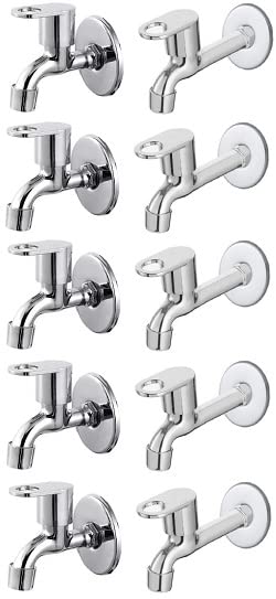 Spazio Stainless Steel Prime Bib Cock with Long Body Combo Pack Foam Flow Water Taps with Wall Flange (Pack of 5) (Chrome Plated, Brass Disc)