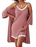 Ekouaer Robes Womens Nightgown and Robe Set 2 Piece Sexy Lace Spaghetti Strap Lightweight Sleepwear with Pockets Large