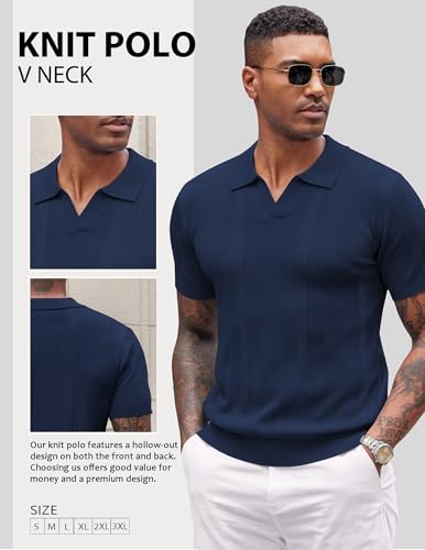 Image of COOFANDY Mens Knit Polo Shirts V Neck Textured Polo Shirts Short Sleeve Breathable Polo Casual Collared T Shirt Fashion Tops