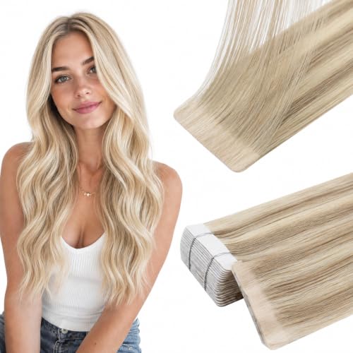 Image of Full Shine Seamless Injected Tape in Hair Extensions Human Hair, 16 /22 Vanilla Blonde, 18 Inch, 50G, 20PCS, Natural Blend, Comfortable Wear, Bridal Style, Wedding