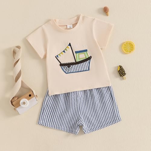 Toddler Baby Boy Sailboat Outfit Boating Sailing Embroidery Cotton T-Shirt Plaid Shorts Set Little Boy Summer Clothes4
