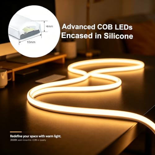 Image of iNextStation 16.4FT Warm White COB LED Strip Lights with Dimmer and Plug | 1560 LEDs Uniform 180 3000K Light with CRI93+, 0.78Inch Cuttable, IP67 Waterproof Silicone Light for Indoor & Outdoor