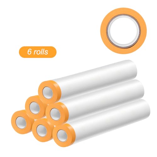 Image of HARFINGTON 6 Rolls Pre-Taped Masking Film 94.5 inch x65.6ft Tape and Drape Painters Plastic Drop Cloth Film with Tape Plastic Sheeting for Automotive Painting Covering
