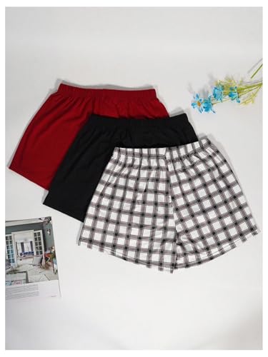 Image of WDIRARA Women's 3 Pack Plaid Letter Graphic Pajama Shorts Lounge Shorts | Elastic Waist ,Comfortable,Home Living,Sleepwear