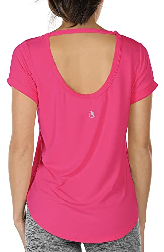 icyzone Camisetas de yoga con espalda abierta para mujer, camisetas deportivas de manga corta para ejercicio, rosa., L