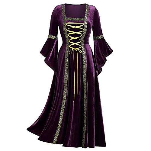 Gothic Punk Dresses for Women Renaissance Medieval Irish Costume Flared Sleeves Velvet Dress Robe Cosplay Retro Gown Purple