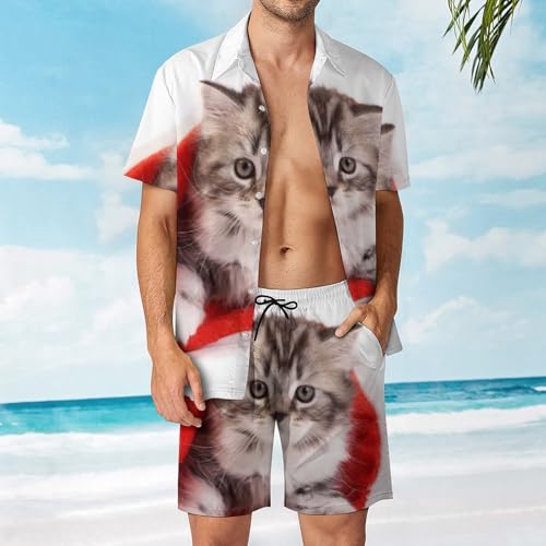 Ensemble Chemise Short De Plage Chat Noël pour vacances d'été