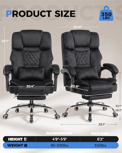 Image of GTPLAYER Big and Tall Office Chair with Pocket Spring Cushion & Ergonomic Lumbar Support for Lower Back Pain Relief, High Back Computer Gaming Chair with Foot Rest, Soft Velvet Fabric, Black