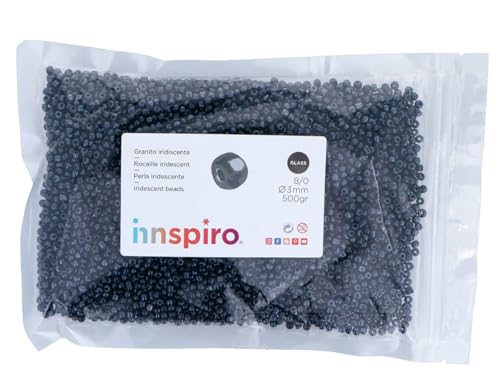 INNSPIRO Rocalla de vidrio redonda brillo metálico iridiscente titanio 3,0mm. 500gr. Bolsa. Para crear pulseras y collares, ideal para manualidades y joyas con niños. Cuentas semilla.