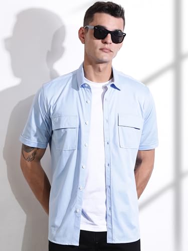 Image of Thomas Scott Men's | Solid | Half Sleeve | Regular Fit | Cotton Blend | Double Flap Pocket | Spread Collar | Casual Shirt