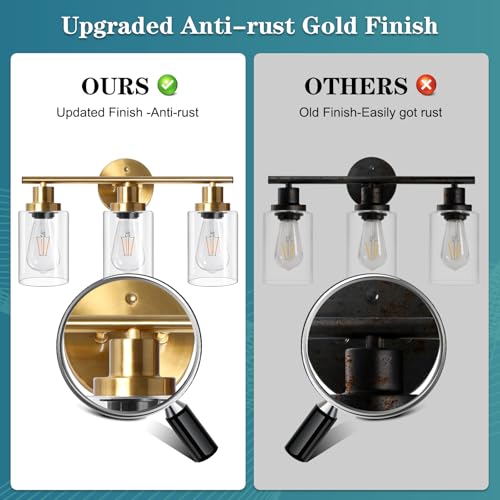 Image of Unicozin Modern Bathroom Light Fixtures, 3 Light Vanity Lights, Gold Wall Lamp with Clear Glass for Bathroom, Mirror, Living Room, Bedroom, Hallway, E26 Base