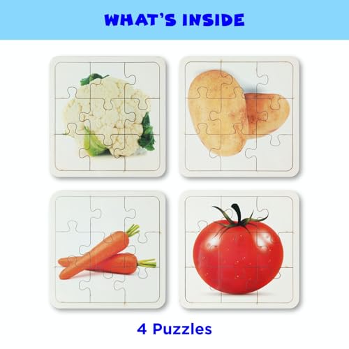 Image of Set of 4 Wooden Jigsaw Puzzles for Toddlers 2+ | 9 Chunky Pieces Each | Vegetable Theme Educational Puzzle | Montessori-Inspired Toy for Fine Motor Skills & Cognitive Development