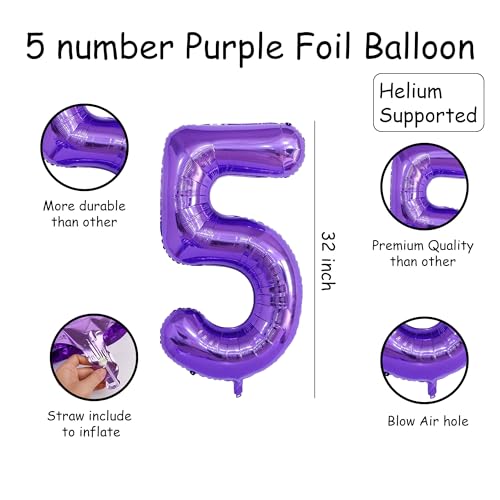 Image of Purple 5 Number Foil Balloon with Crown & Base Balloons | 32 Inch Helium Supported for Birthday, Anniversary, Baby Shower Decoration - Pack of 14
