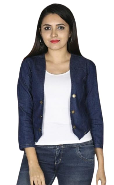 Wingzss Women's Denim Crop Jacket, Navy Blue, 3/4 Sleeve, Button Front-picture-40