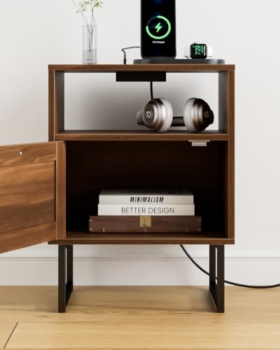 Image of Masupu Rattan Nightstand with Charging Station, Modern Boho Farmhouse Wood Bedside Table with Storage Drawer and Open Shelf, Side End Table for Bedroom, Office (Walnut)