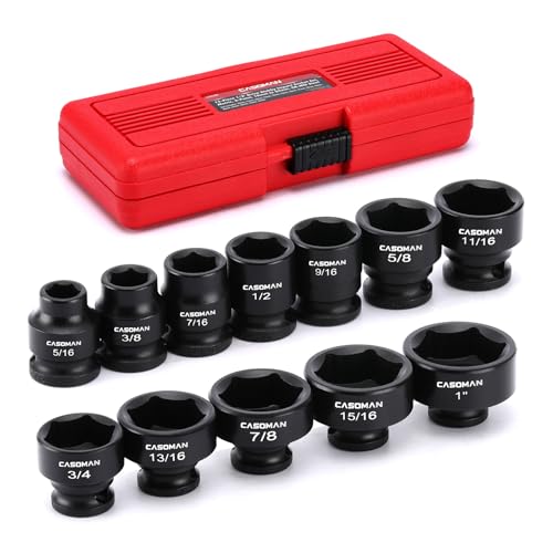 CASOMAN 12PCS 3/8" Drive Stubby Impact Socket Set, Low Profile, 5/16" - 1", SAE, CR-MO, 6-Point, 12 Pieces Shallow Socket Set for Automotive Maintenance, Repairs and DIY, for Tight Areas 3/8
