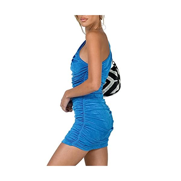 LYANER-Womens-Sexy-One-Shoulder-Ruched-Sleeveless-Bodycon-Mini-Short-Dress LYANER Women's Sexy One Shoulder Ruched Sleeveless Bodycon Mini Short Dress Blue Small
