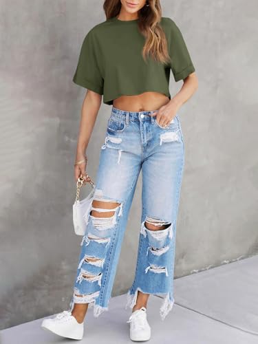 Image of Tankaneo Women Crop T-Shirts Half Sleeve Drop Shoulder Cropped Tops Y2K Casual Summer Basic Tees