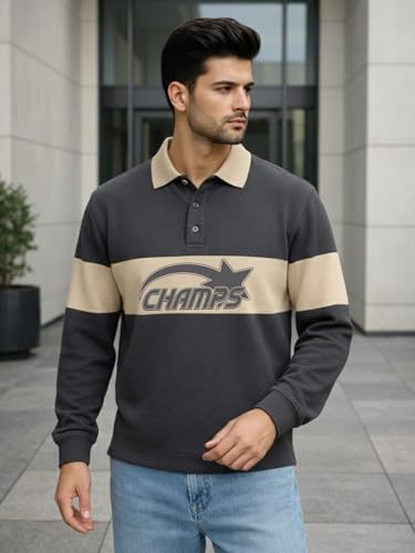 Image of Veirdo Men's Loopknit Cotton Oversized Baggy Fit | Full Sleeve Polo T-Shirt | Casual Streetwear with Ribbed Cuffs Travel | Sizes: S to XXL