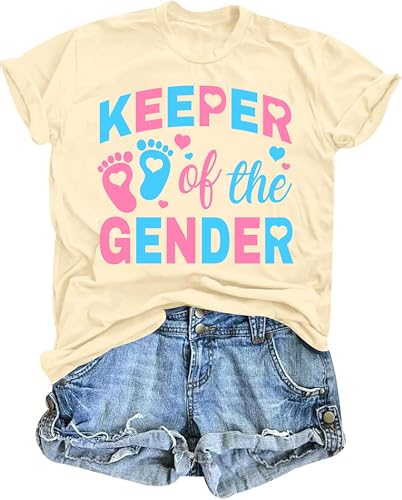 Gender Reveal Shirts Keeper of The Gender Tshirt for Women Funny Pregnancy Announcement Tee for Maternity Mom Tops Apricot