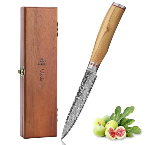 Wakoli Olive HS Damastmesser | Allzweckmesser 12,5 cm aus 67 Lagen Damaststahl mit VG10-Kern | ergonomischer Olivenholzgriff | für Fleisch, Fisch & Gemüse | in Holzbox für Hobby- & Profiköche