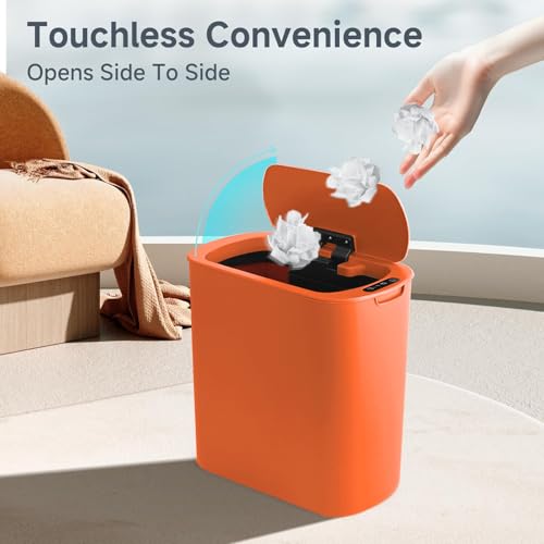 Image of TIPGO 5 Gallon Motion Senor Bathroom Trash Can with Lid, Automatic Garbage Can Touchless, Smart Plastic Waste Basket for Narrow Spaces, Bathroom, Office, Bedroom, Living Room (Orange)