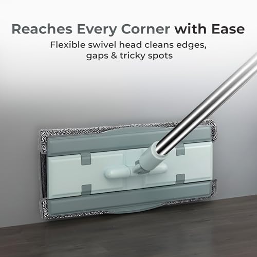 Image of HomeEssentials Large Flat Mop with 180 Rotating Stainless Steel Handle (127cm), Microfiber Floor Cleaning Mop for Hardwood, Tile & Laminate Reusable Pads Included