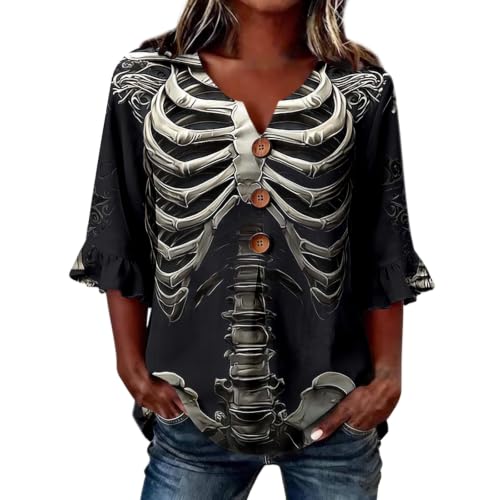 Image of Cocila Ladies Halloween Tops Women's Art Print Blouse V Neck 3/4 Sleeve Button Decor Loose Fit Top for Summer Retro Shirt (Grey, XXL) Shirts Women Leopard White Long Denim Tshirts Plus Size