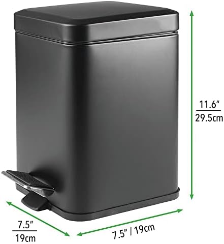mDesign Square Household Rubbish Bin  6 Litre Metal Waste Bin with Pedal, Lid and Plastic Bucket Insert  Pedal Waste Basket for Bathroom, Kitchen and Office  Black