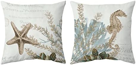 Tritard Nautical Coastal Throw Pillow Covers Set of 2 Outdoor Decorative Ocean Themed Cushion Cover Beach Starfish Seahorse Couch Pillow Cases for Bed, Living Room, Sofa, 18x18 Inches, Brown
