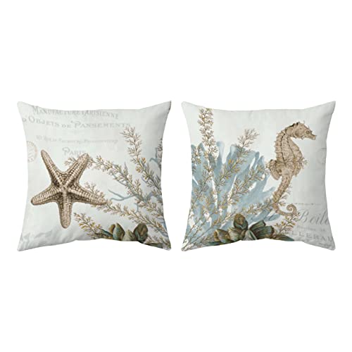 Tritard Nautical Coastal Throw Pillow Covers Set of 2 Outdoor Decorative Ocean Themed Cushion Cover Beach Starfish Seahorse Couch Pillow Cases for Bed, Living Room, Sofa, 18x18 Inches, Brown