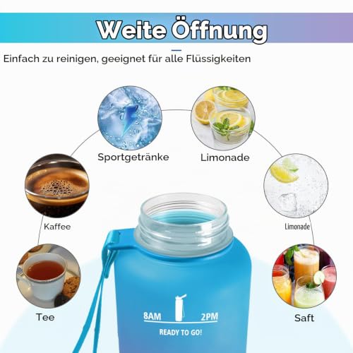 Sportflasche 1.5L, Auslaufsichere Wasserflasche mit Filter, Kohlensäure Geeignet, Wasserflasche mit Zeitmarkierung… – Ansicht 3