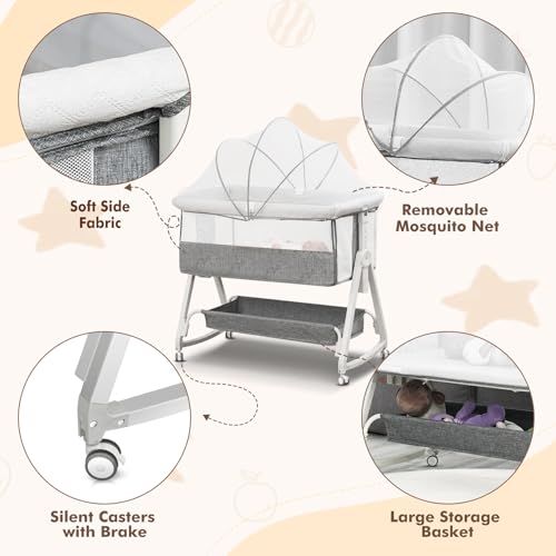 Baby Bassinet, Bedside Sleeper for Baby with Wheels and Storage Basket,All Mesh Portable Bassinet for Newborn,6 Height Adjustable Easy to Assemble Bedside Crib (Upgrade Grey) by MEICHYUN - Image 6