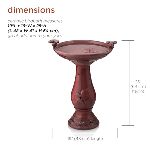 Alpine Corporation 25" Tall Outdoor Antique Ceramic Birdbath with 2 Bird Figurines - Vintage Style Garden Bird Bath Bowl for Patio, Yard, Lawn Decor, Red — view 3