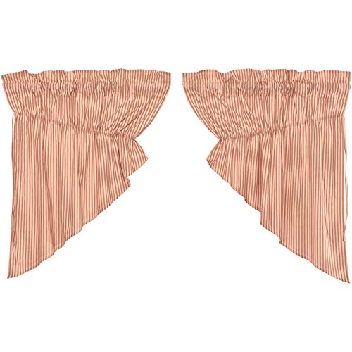 Vhc Brands Farmhouse-Kitchen Sawyer Mill Ticking-Rod Pocket Cotton Drawstring Ties Striped-Curtain, Prairie Swag Set 36X36X18, Red #TOP1