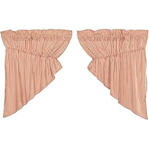 VHC Brands Farmhouse Kitchen Sawyer Mill Ticking Rod Pocket Cotton Drawstring Ties Striped Curtain Prairie Swag Set 36x36x18 Red