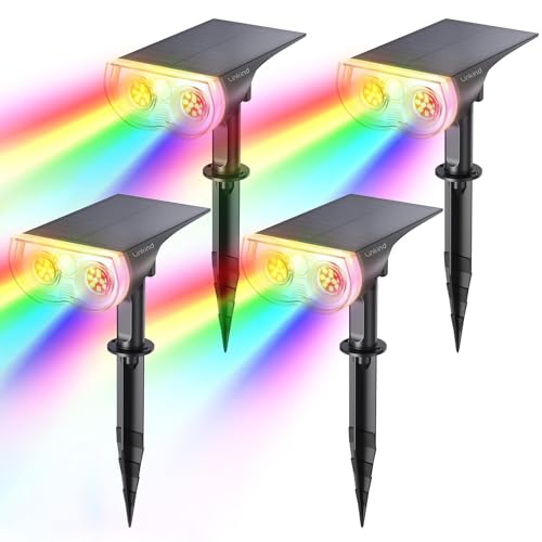 Image of Linkind Colour Changing Solar Lights, RGBW Solar Spotlight with 9 Colours, IP65 Waterproof Outdoor Ground Stake Solar Powered Uplighter for Pathway Garden Patio Tree, 4 Pack