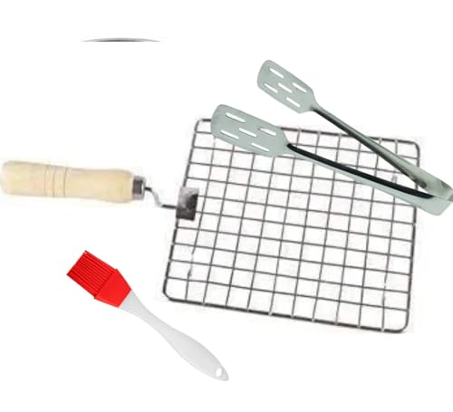 Parrilla cuadrada de acero inoxidable para papad jali, paneer, roti, asador Jali, tostado, mango de madera (plata) con pinza para tartas y cepillo de aceite