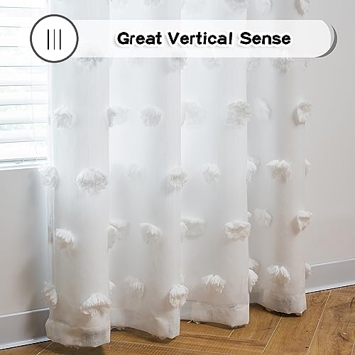 Image of MYSKY HOME Light Blocking White Curtains for Living Room White Sheer Pom Pom Kids Room Decor Drapes 102 Inches Long Double Layer Curtain for Sliding Door Grommet Window Panels Set of 2 52 inch x 102 inch
