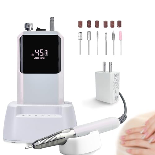 Máquina perforadora de uñas, lima eléctrica para uñas con 35 000 rpm, perforadora portátil recargable para uñas de gel acrílico con 6 cabezales de pulido para salón de manicura y uso doméstico