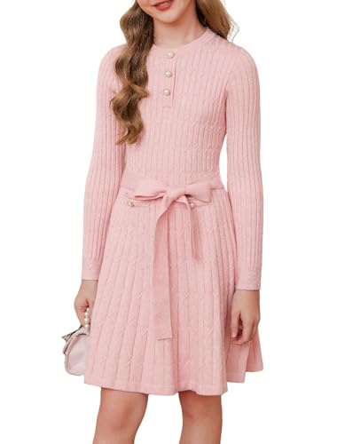GRACE KARIN Girls Dress Fall Winter Sweater Long Sleeve Cable Knit Button Casual Dresses for Teen Girl 6-14Y