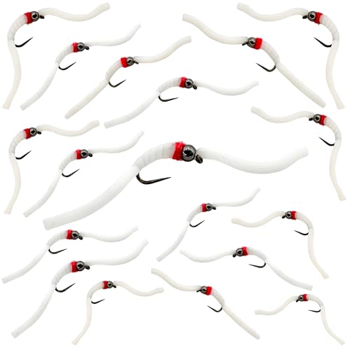 Thor Outdoor 18 Pc Squirmy Wormy Set, White Size #12 - Barbless Wet Worm Fly Fishing Flies for Trout, Panfish, Bass