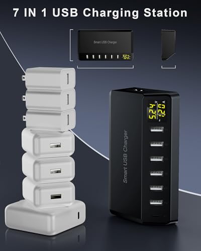 USB Charger 60W 7-Port USB Desktop Charger with LED Screen, Multi-Device Charging Station with Real-Time Power Monitoring for Phone,Fast Charging Hub for Home, Office, Travel - Image 5