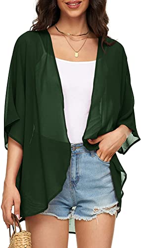 Image of Indian Trendy Women's Solid Puff Sleeve Kimono Cardigan Loose Cover Up Casual Blouse Top Chiffon