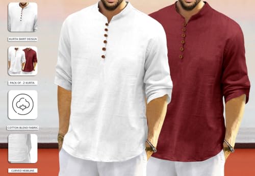 Image of ROYALSCOUT Men's Cotton Polyester Blend Solid Regular Fit Full Sleeve Short Kurta | Ethnic, Lightweight Summer Kurta for Daily & Occasion Use