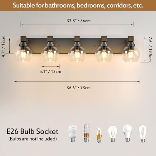 Image of LmnLvn Farmhouse 5-Light Bathroom Vanity Light, Wood & Metal Glass Shade